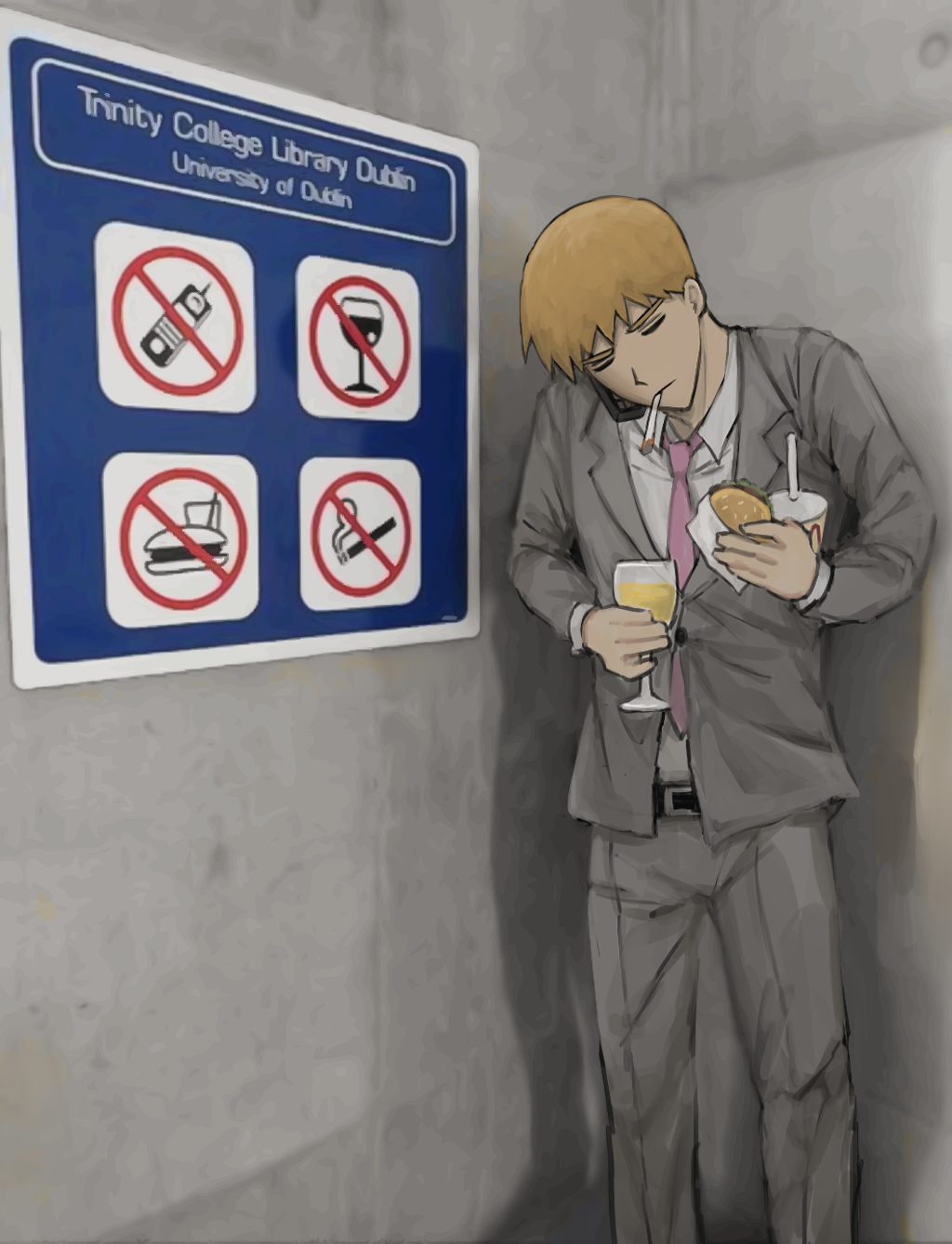 1boy, burger, cellphone, cigarette, closed_eyes, commentary_request, cup, disposable_cup, drinking_glass, food, grey_suit, head_tilt, highres, holding, holding_cup, holding_food, hyeon_0613, korean_commentary, male_focus, mob_psycho_100, necktie, phone, photo_background, pink_necktie, reigen_arataka, sign, smoking, solo, suit, wine_glass
