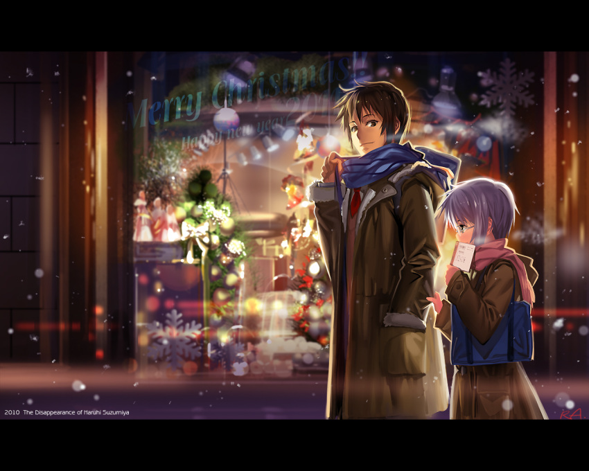 1girl, alphonse, alphonse_(white_datura), brown_eyes, brown_hair, christmas, coat, couple