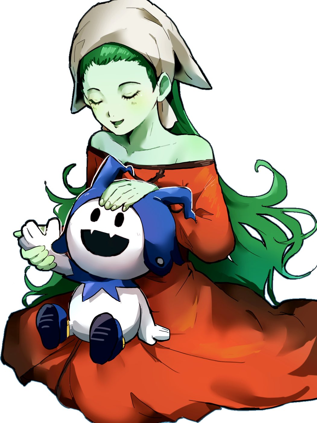 1girl, 4me3ba_niku, :d, arm_up, closed_eyes, colored_skin, dress, fangs