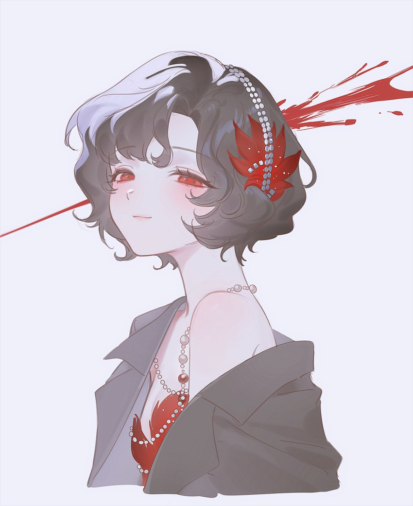 1girl, :3, ambiguous_red_liquid, black_coat, black_hair, coat, cropped_torso, curly_hair, dress, feather_dress, feather_hair_ornament, feathers, grey_background, hair_ornament, hairband, half-closed_eyes, highres, jewelry, looking_at_viewer, m3lt_(m3ltingp0int), necklace, pearl_necklace, red_dress, red_eyes, reverse:1999, schneider_(reverse:1999), short_hair, single_bare_shoulder, single_off_shoulder, solo, upper_body, white_hairband