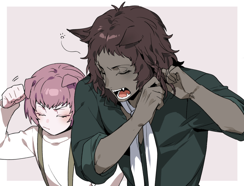 2boys, :/, animal_ears, arm_up, basilio_(metaphor:_refantazio), black_shirt, blush, border