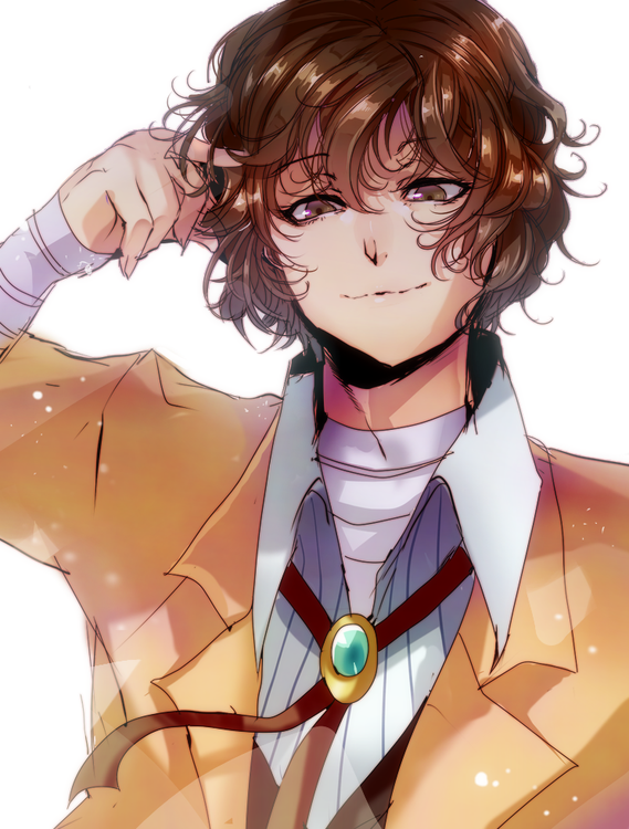 1boy, bandaged_arm, bandaged_neck, bandages, bolo_tie, brown_eyes, brown_hair, brown_jacket