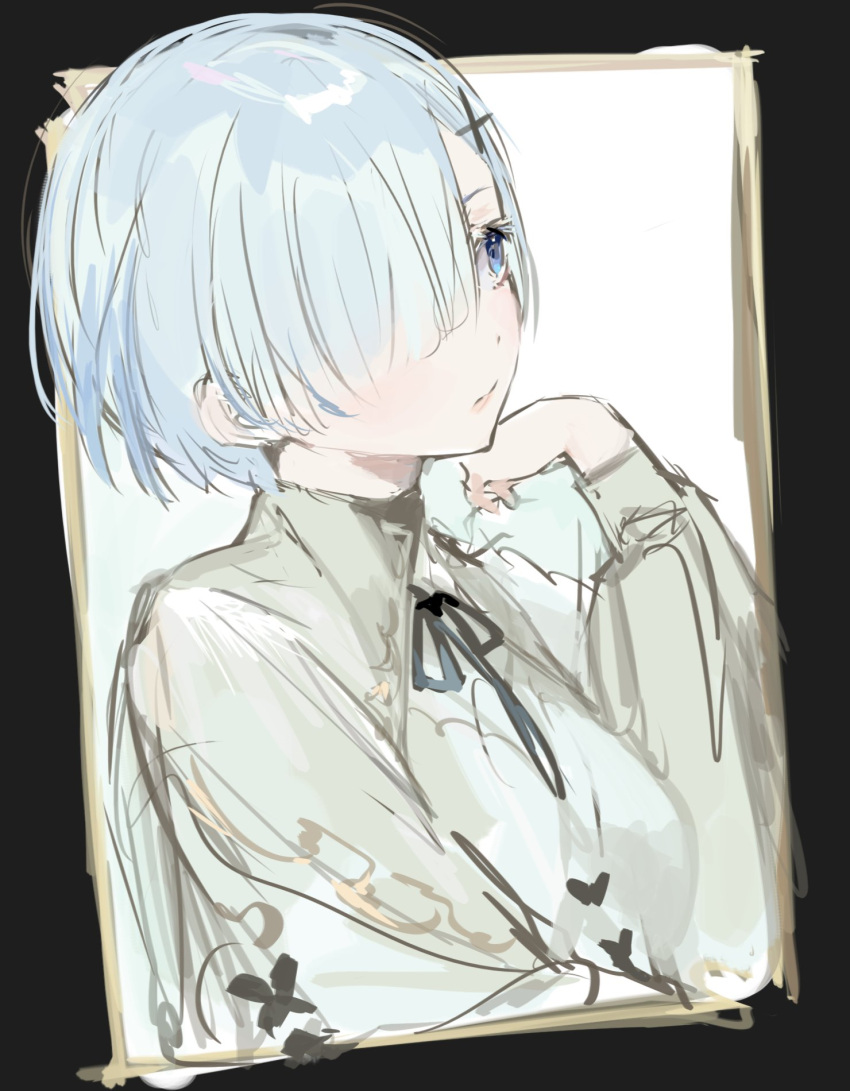 1girl, arm_support, blue_eyes, blue_hair, collared_shirt, highres, kuzuvine, looking_up