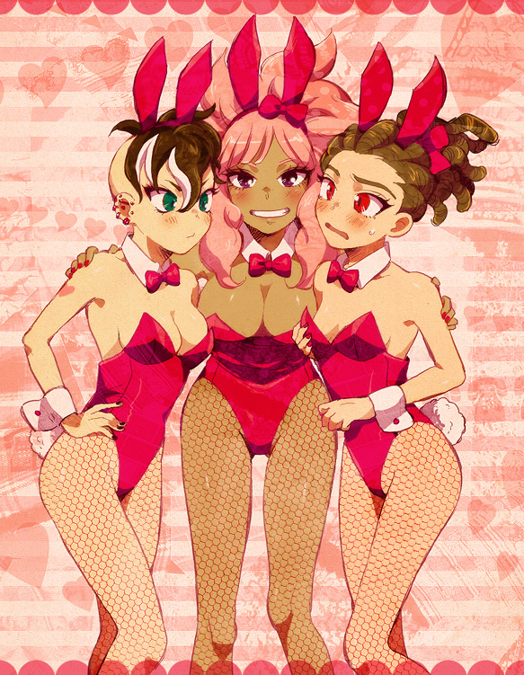 animal_ears, bad_id, black_eyes, brown_hair, bunny_ears, bunnysuit, dreadlocks, fishnet_pantyhose, fishnets, fudou_akio, genderswap, green_eyes, hairlocs, inazuma_eleven, inazuma_eleven_(series), kidou_yuuto, long_hair, multicolored_hair, multiple_girls, pantyhose, pink_hair, red_eyes, short_hair, tsunami_jousuke, two-tone_hair, two-toned_hair, urako_(39g)