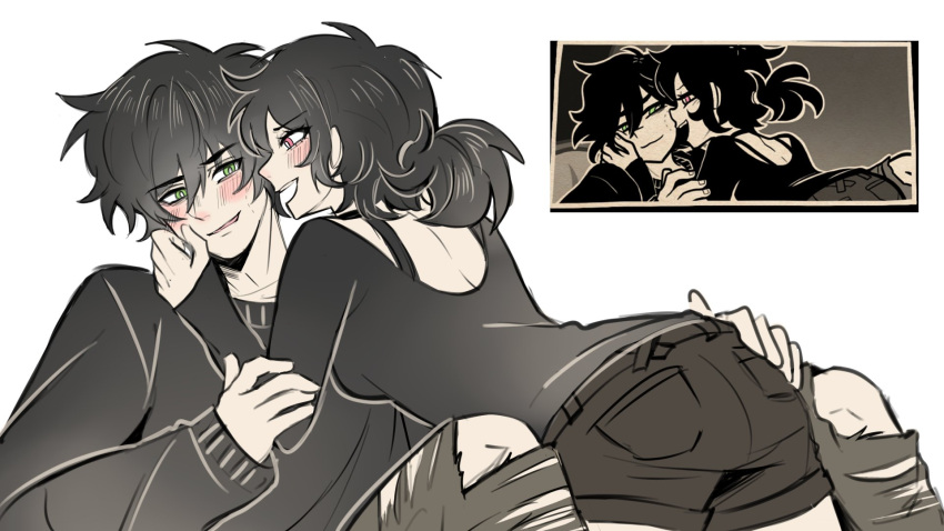 1boy, 1girl, :d, andrew_graves, arched_back, ashley_graves, bags_under_eyes, bite_mark_on_face