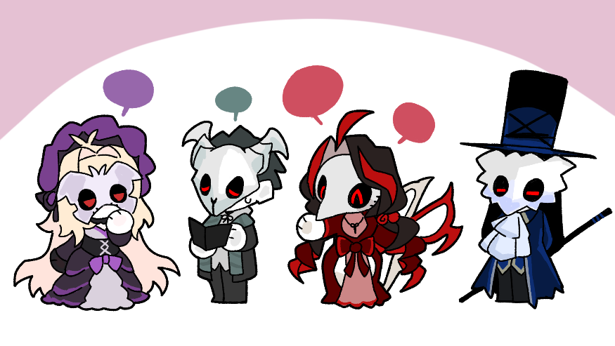 2boys, 2girls, ^_^, ahoge, antenna_hair, ascot, barber_(project_moon), black_bonnet