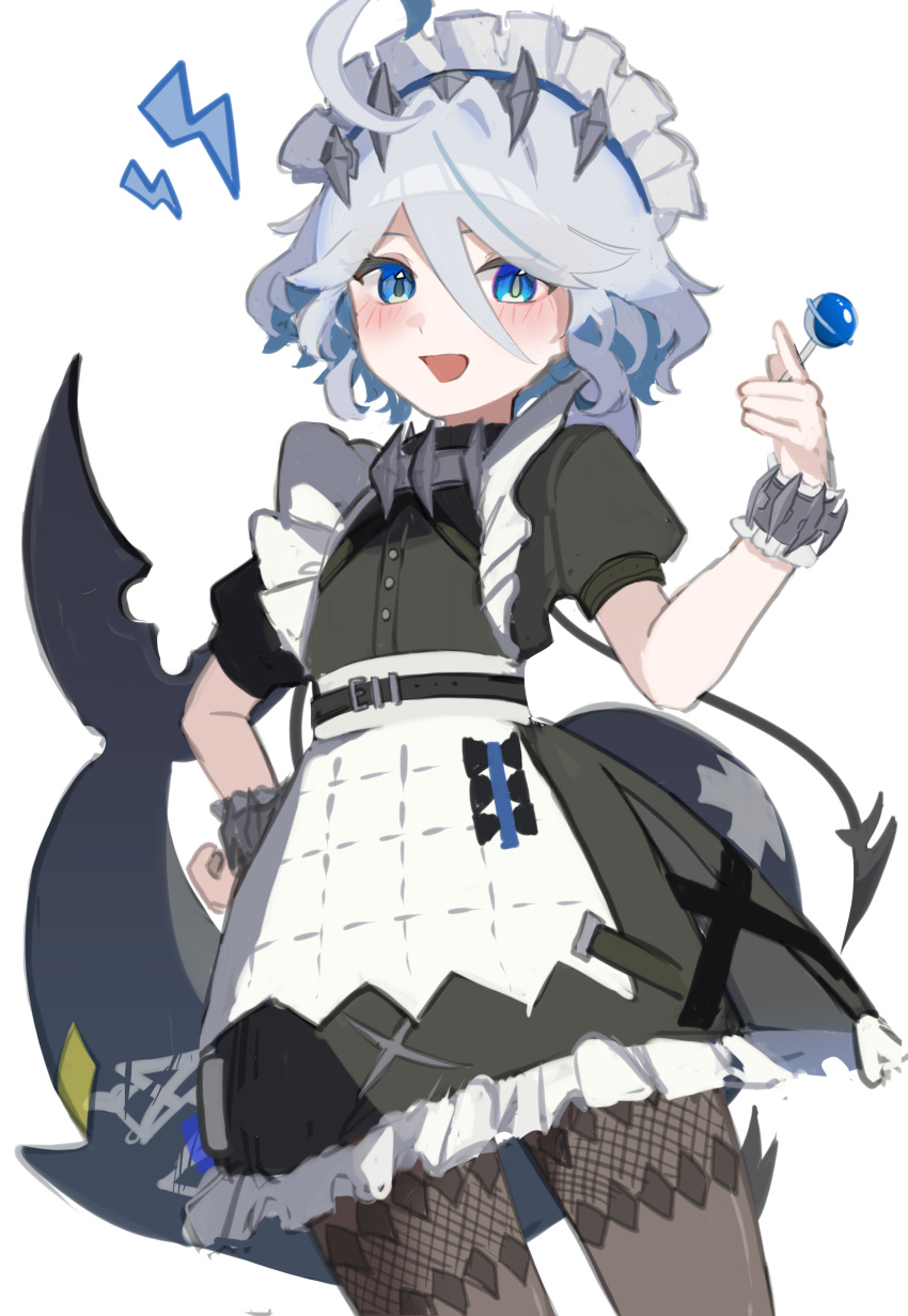 1girl, absurdres, ahoge, black_pantyhose, blue_eyes, blue_hair, blush, candy