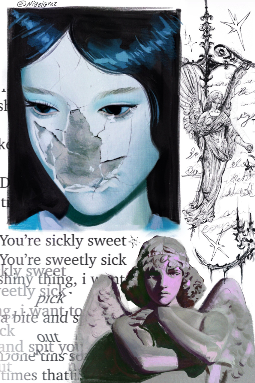 3girls, absurdres, angel, angel_wings, art_study, english_commentary, english_text, highres