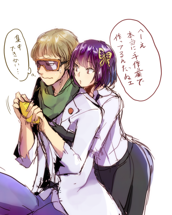 1boy, 1girl, black_gloves, black_skirt, blue_pants, blush, bob_cut, brown_hair