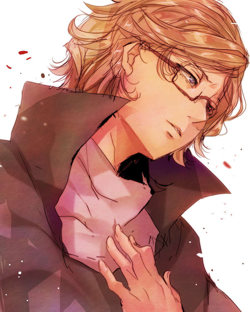 1boy, black_robe, blonde_hair, blood, blue_eyes, bungou_stray_dogs, commentary_request, glasses