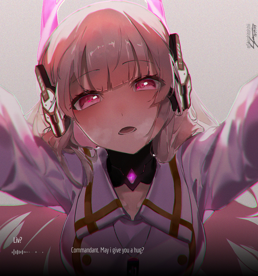 1girl, artist_name, backlighting, dialogue_box, english_text, gameplay_mechanics, grey_hair, headgear