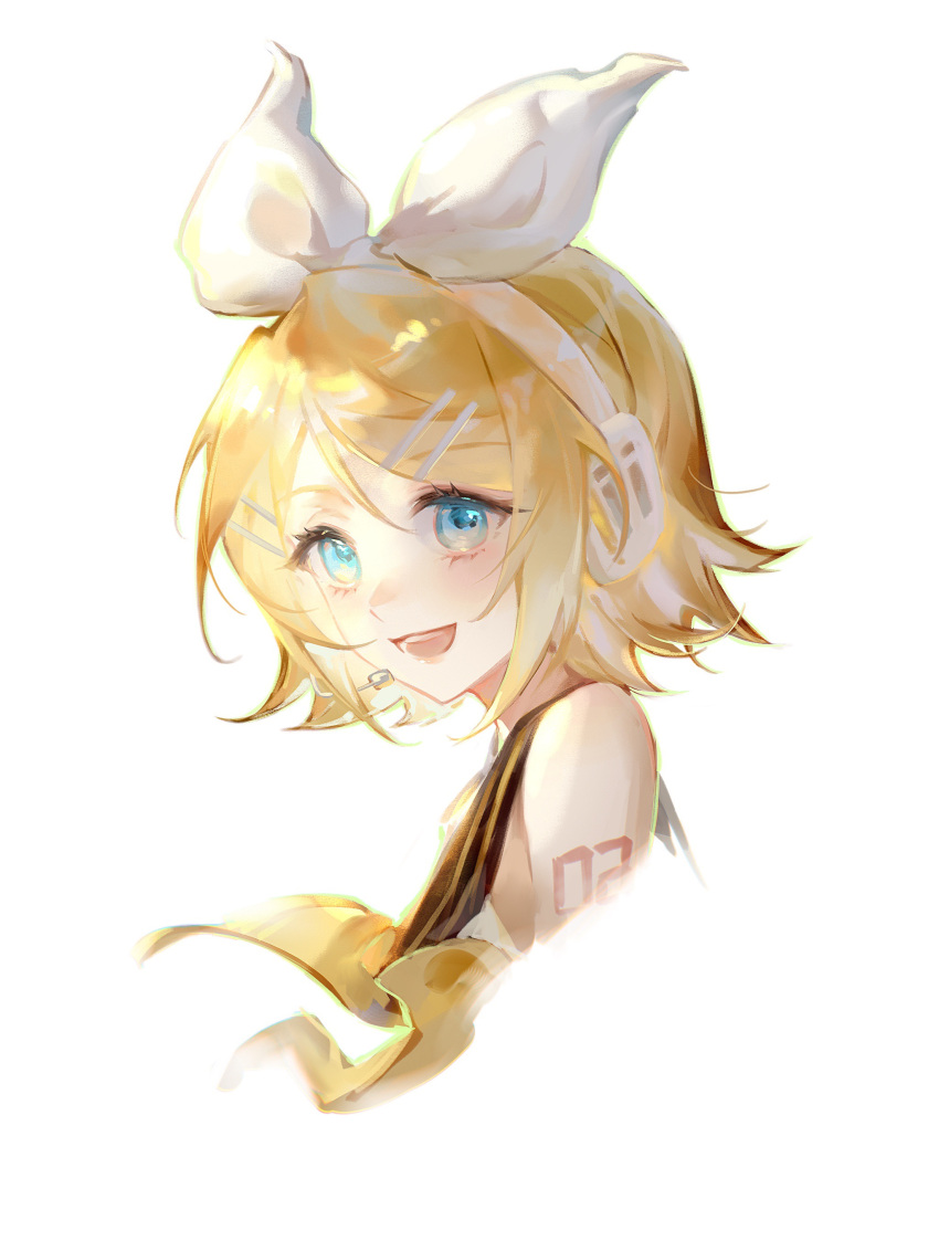 1girl, :d, absurdres, black_sailor_collar, blonde_hair, blue_eyes, bow, cropped_torso