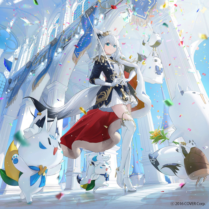 1girl, ahoge, animal_ear_fluff, animal_ears, aqua_eyes, belt, blue_jacket, blue_skirt