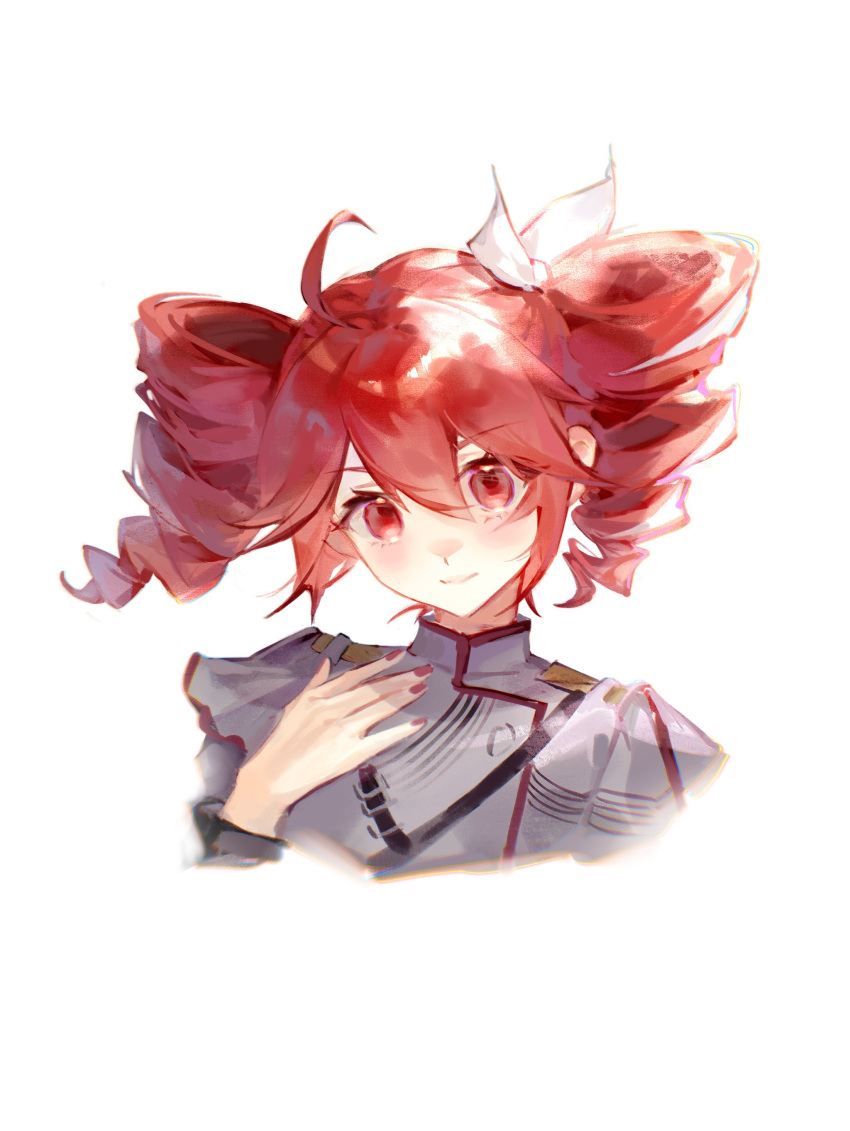 1girl, absurdres, ahoge, bow, cropped_torso, drill_hair, grey_jacket, hair_between_eyes, hair_bow, hand_on_own_chest, hand_up, highres, jacket, kasane_teto, kasane_teto_(sv), looking_at_viewer, medium_hair, red_eyes, red_nails, redhead, smile, solo, synthesizer_v, twin_drills, twintails, upper_body, utau, vocaloid, white_background, white_bow, yi_ke_caitou_suan
