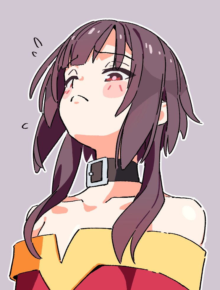 1girl, :c, bare_shoulders, belt_collar, blush, blush_stickers, brown_hair, closed_mouth