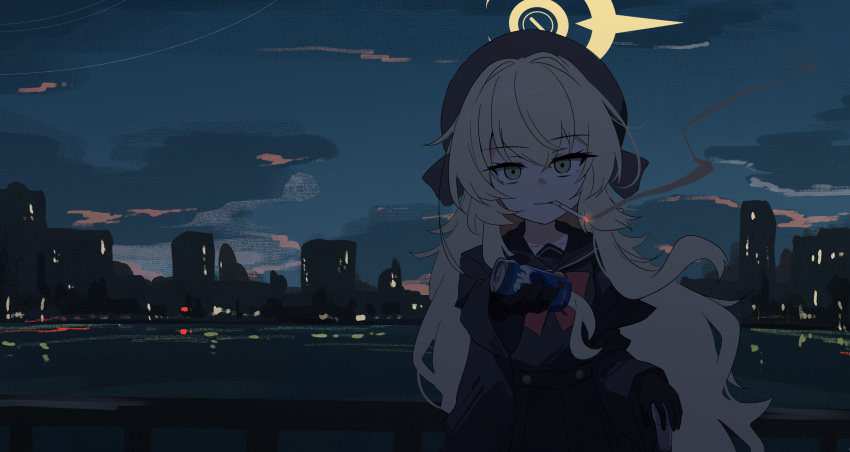1girl, black_gloves, black_serafuku, blonde_hair, blue_archive, building, can, canned_coffee