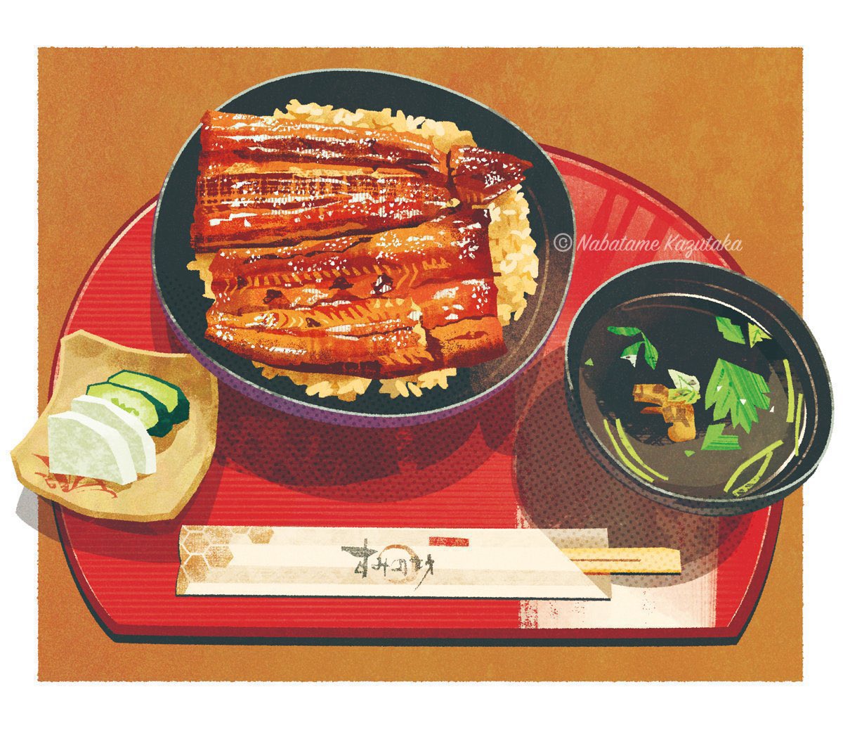 border, bowl, chopsticks, cucumber, eel, english_commentary, fish_(food), food