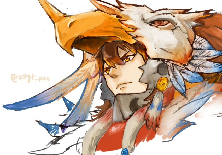 1boy, animal_costume, brown_hair, eagle_helmet, feathers, gradient_feathers, granblue_fantasy, hat