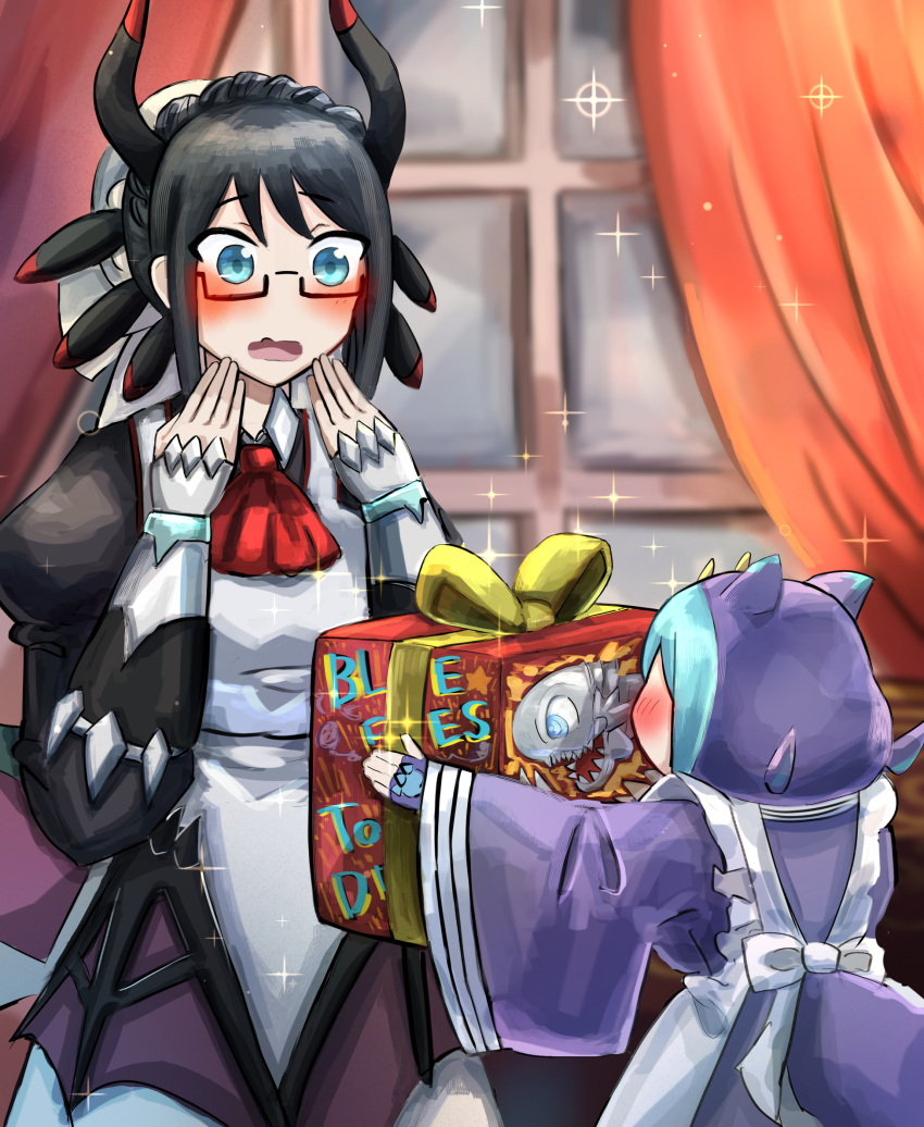 2girls, black_dress, blue-eyes_toon_dragon, blue-eyes_white_dragon, blush, breasts, brown_eyes, dragon_girl