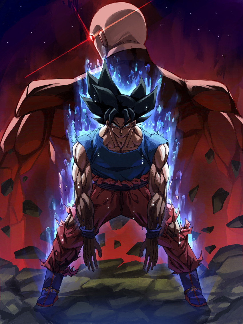 2boys, absurdres, black_hair, blue_aura, blue_footwear, blue_sash, blue_vest, blue_wristband, bodysuit, bow, closed_mouth, debris, dougi, dragon_ball, dragon_ball_super, english_commentary, facing_back, full_body, glowing, glowing_eye, grey_eyes, highres, initials-drawing, jiren, legs_apart, looking_at_viewer, looking_back, male_focus, multiple_boys, muscular, muscular_male, nose, orange_bow, orange_dougi, orange_pants, pants, pride_trooper_uniform, purple_background, red_aura, red_bodysuit, sash, serious, son_goku, standing, star_(sky), torn_clothes, torn_pants, two-tone_bodysuit, ultra_instinct, vest, wristband