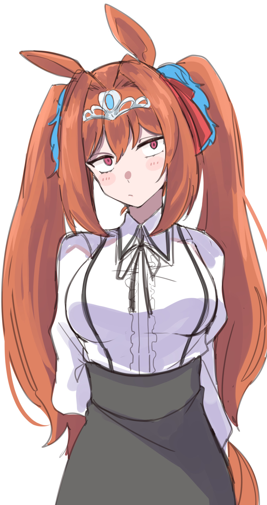 1girl, :/, absurdres, animal_ears, arlcn_(arlcn_1115), black_skirt, blush, breasts, brown_hair, collared_shirt, daiwa_scarlet_(umamusume), hair_between_eyes, hair_intakes, highres, horse_ears, horse_girl, horse_tail, large_breasts, long_hair, long_sleeves, red_eyes, shirt, shirt_tucked_in, sidelocks, skirt, solo, tail, twiin, twintails, umamusume, very_long_hair, white_shirt