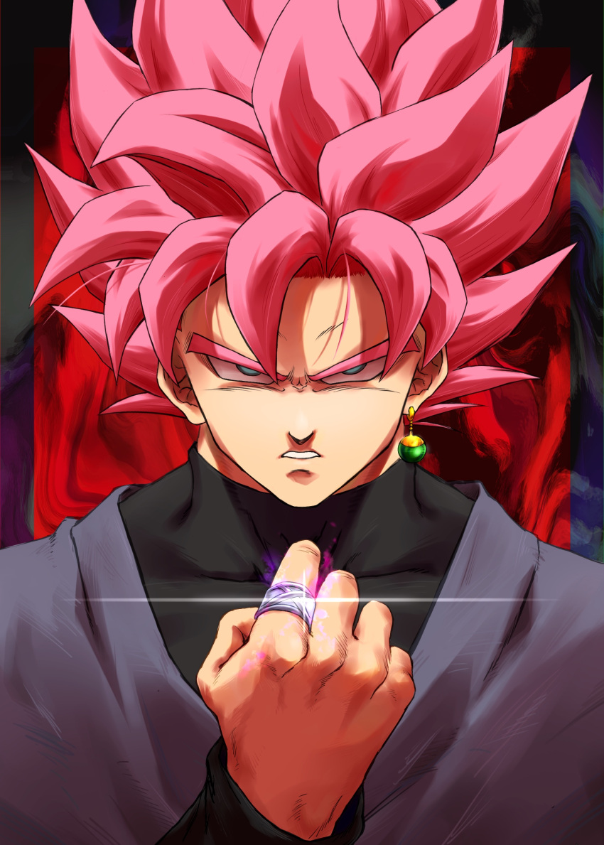 1boy, absurdres, arm_up, background_request, black_dougi, black_shirt, black_wristband, blue_eyes