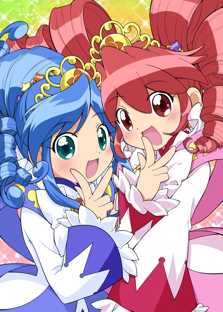 2girls, :d, absurdres, blue_dress, blue_hair, blush, bow, chaimaou