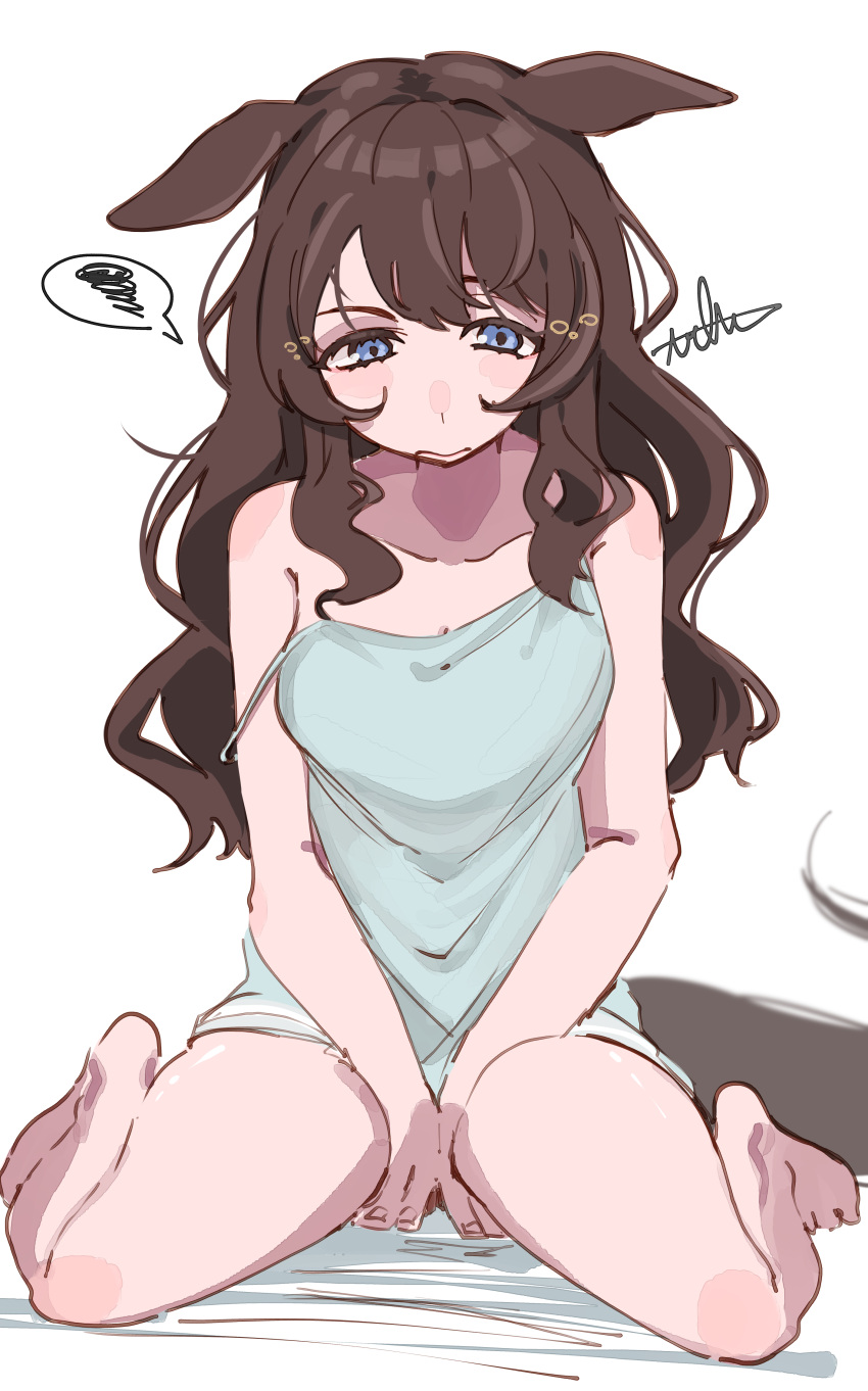 1girl, absurdres, alternate_hairstyle, animal_ears, arlcn_(arlcn_1115), bare_shoulders, barefoot, between_legs, blue_eyes, breasts, brown_hair, camisole, collarbone, ears_down, hair_down, hand_between_legs, highres, horse_ears, horse_girl, horse_tail, long_hair, medium_breasts, shirt, sidelocks, signature, simple_background, sitting, sleeveless, sleeveless_shirt, solo, spaghetti_strap, speech_bubble, spoken_squiggle, squiggle, strap_slip, swept_bangs, tail, tosen_jordan_(umamusume), umamusume, very_long_hair, wariza, wavy_hair, white_background, white_camisole