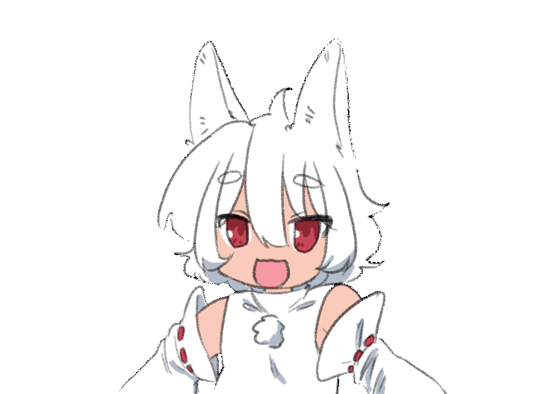 1girl, :3, albino, animal_ears, animated, animated_gif, armpit_peek, arms_up, bare_shoulders, black_skirt, detached_sleeves, english_commentary, eyes_visible_through_hair, hair_between_eyes, inubashiri_momiji, izumi_konata, jumping, long_bangs, long_sleeves, looking_at_viewer, looping_animation, lucky_star, midriff_peek, motion_lines, navel, no_headwear, no_nose, open_hands, open_mouth, outstretched_arms, parody, pom_pom_(clothes), ramnik5, red_eyes, ribbon-trimmed_sleeves, ribbon_trim, short_hair, skirt, sleeveless, smile, solo, style_parody, tail, tassel, thick_eyebrows, touhou, transparent_background, upper_body, white_hair, white_tail, wide_sleeves, wolf_ears, wolf_girl, wolf_tail