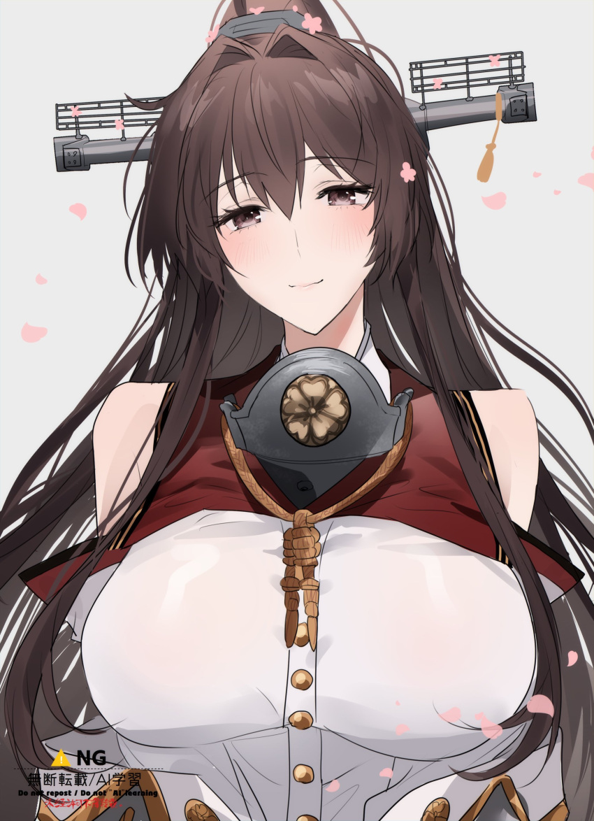1girl, absurdres, bare_shoulders, breasts, brown_eyes, brown_hair, cherry_blossoms, commentary_request