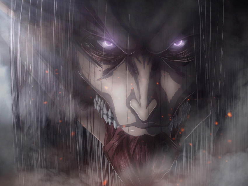 1boy, black_hair, close-up, closed_mouth, eren_yeager, founding_titan, highres, light_particles, long_hair, looking_at_viewer, male_focus, mark_reymer, official_style, shingeki_no_kyojin, smoke, solo, teeth, titan_(shingeki_no_kyojin), v-shaped_eyebrows, violet_eyes