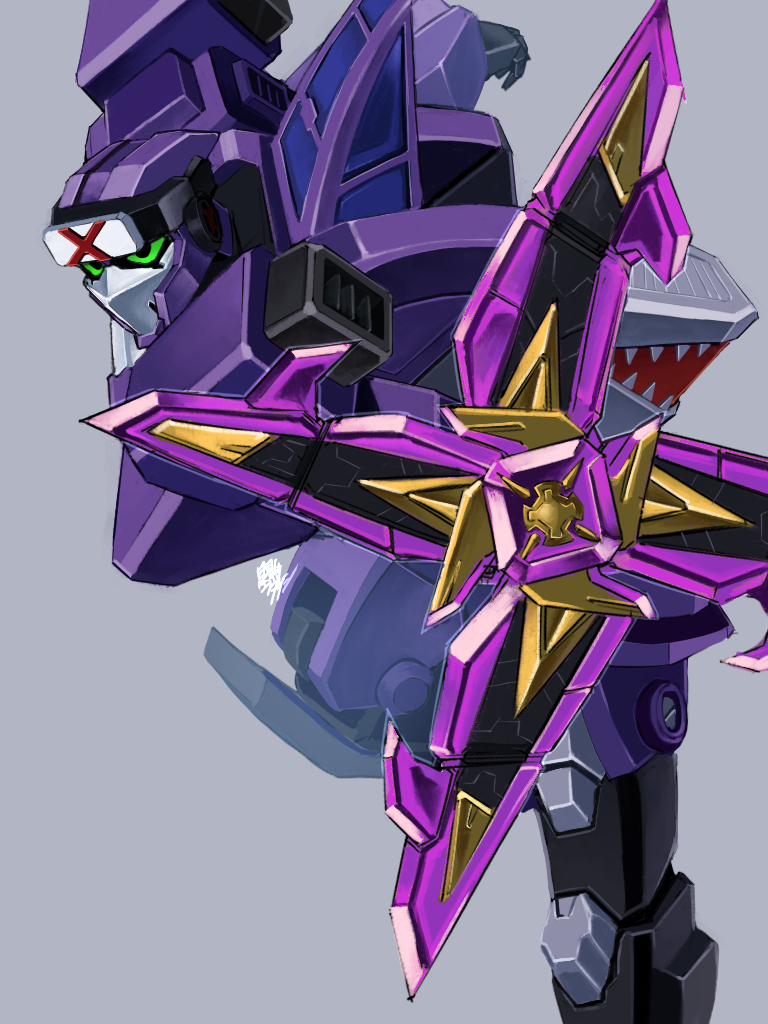 green_eyes, mecha, metal_cardbot, no_humans, robot, running, shadow_x, solo, takeshi_hoshikage, weapon