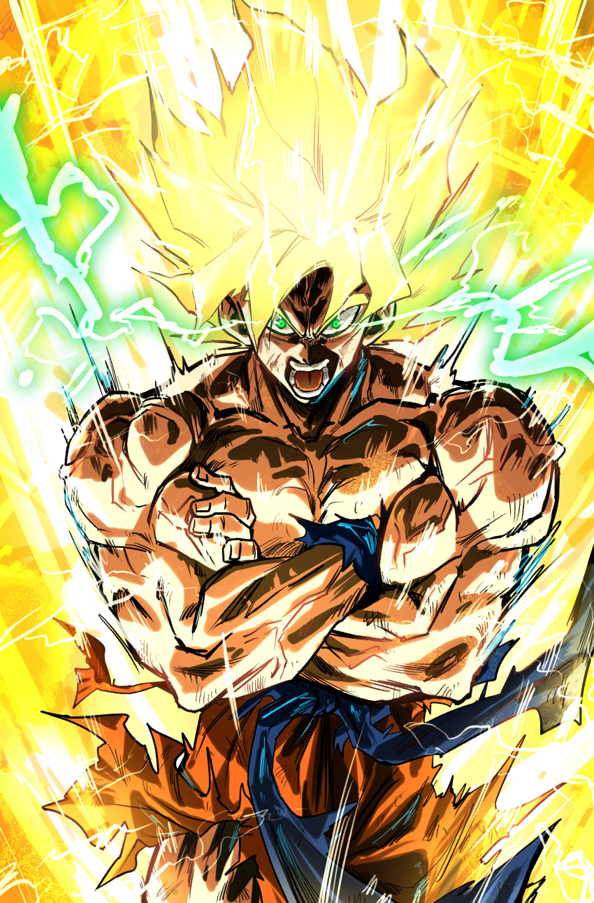 1boy, anger_vein, blonde_hair, blue_sash, blue_wristband, collarbone, commentary_request, cowboy_shot, crossed_arms, dragon_ball, dragon_ball_z, electricity, glowing, glowing_eyes, glowing_hair, green_eyes, green_lightning, gunbuster_pose, highres, lightning, long_hair, male_focus, muscular, muscular_male, nose, open_mouth, orange_pants, pants, parody, pectorals, sash, scratches, solo, son_goku, stynl_f, super_saiyan, super_saiyan_2, tengen_toppa_gurren_lagann, topless_male, torn_clothes, torn_pants, v-shaped_eyebrows, veins, veiny_arms, veiny_face, yellow_background