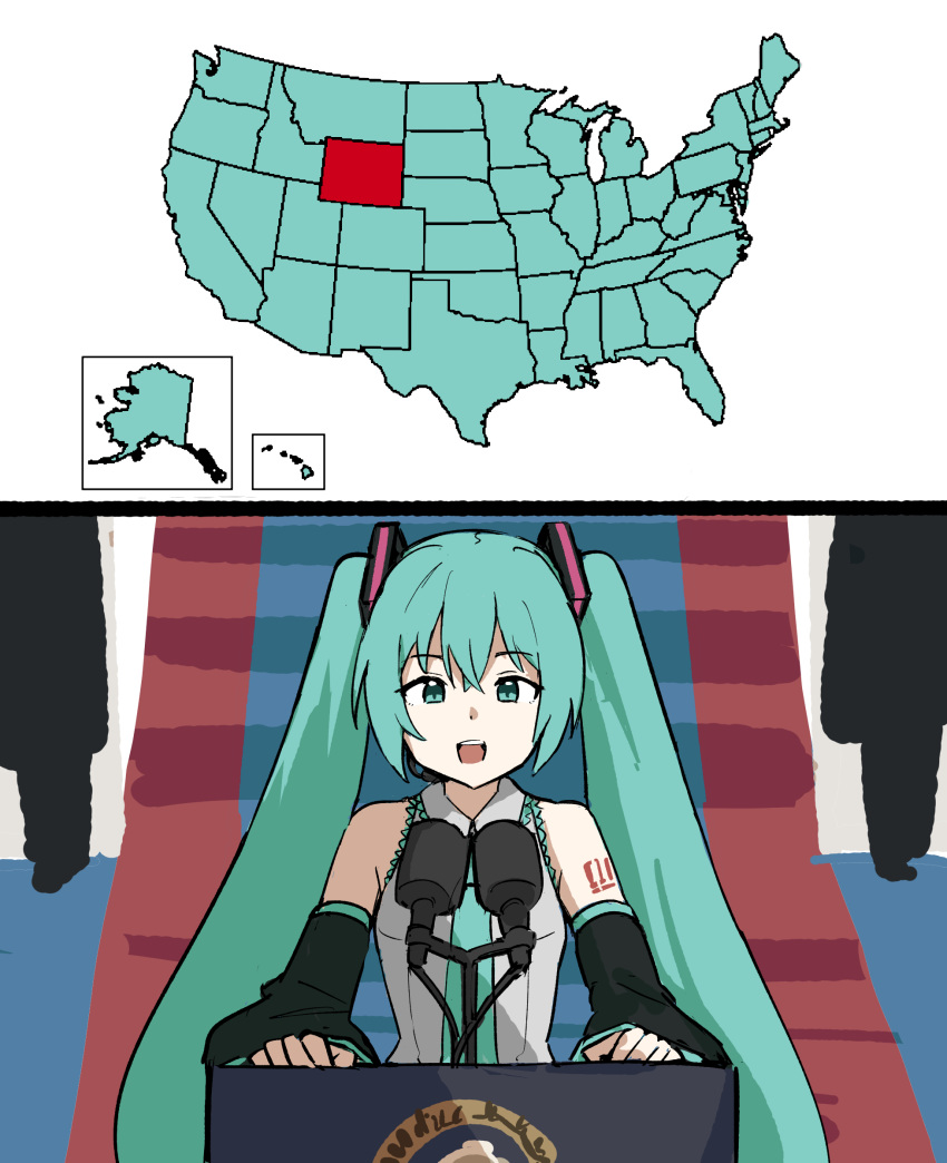 1girl, 2024_us_election, absurdres, aqua_eyes, aqua_hair, aqua_necktie, black_sleeves, detached_sleeves, grey_shirt, hatsune_miku, highres, lectern, long_hair, looking_at_viewer, map, microphone, necktie, open_mouth, politics, shirt, sleeveless, sleeveless_shirt, stairs, standing, straight-on, tenten_(chan4545), twintails, united_states, upper_body, very_long_hair, vocaloid, wyoming