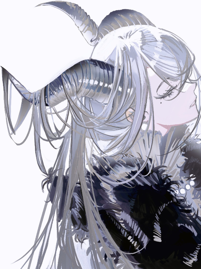 1girl, bead_necklace, beads, closed_eyes, closed_mouth, commentary, english_commentary, fur_trim