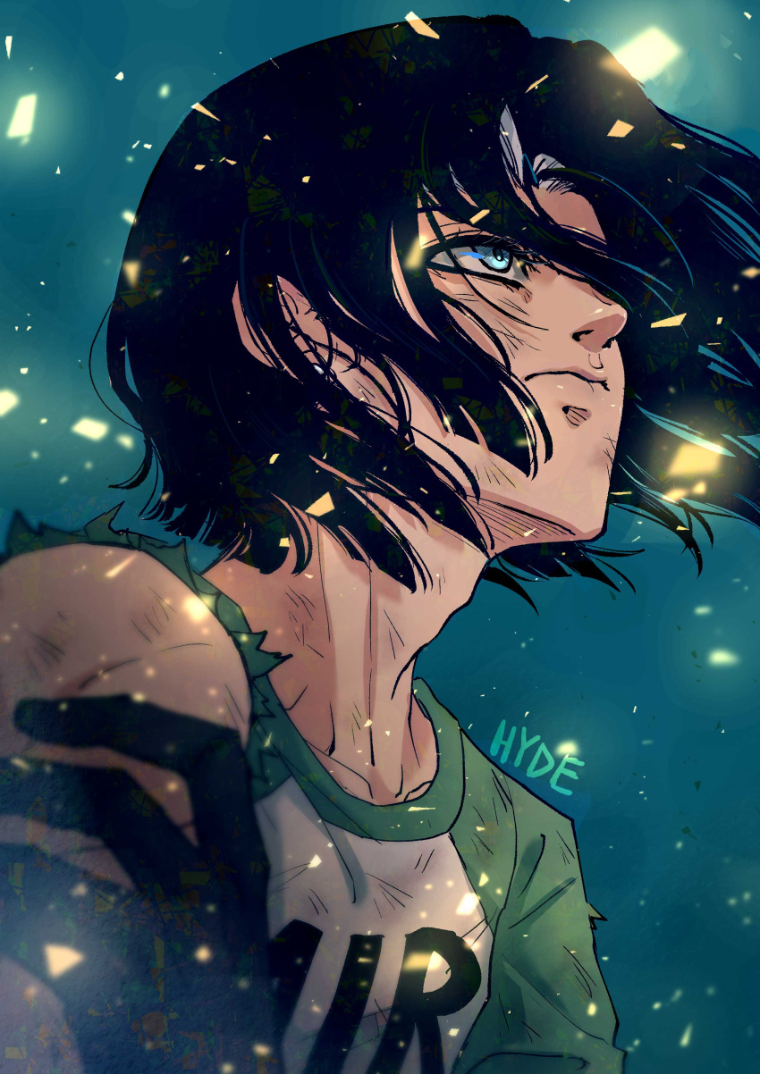 1boy, absurdres, adam's_apple, android, android_17, artist_name, black_hair, blue_background, blue_eyes, breasts, closed_mouth, clothes_writing, collarbone, curtains, dragon_ball, dragon_ball_super, english_commentary, english_text, facing_ahead, green_skirt, hair_flowing_over, highres, holding_own_arm, hydeover9000, looking_up, male_focus, medium_breasts, nose, portrait, scratches, shirt, short_shorts, shorts, skirt, solo, t-shirt, two-tone_shirt, white_shirt