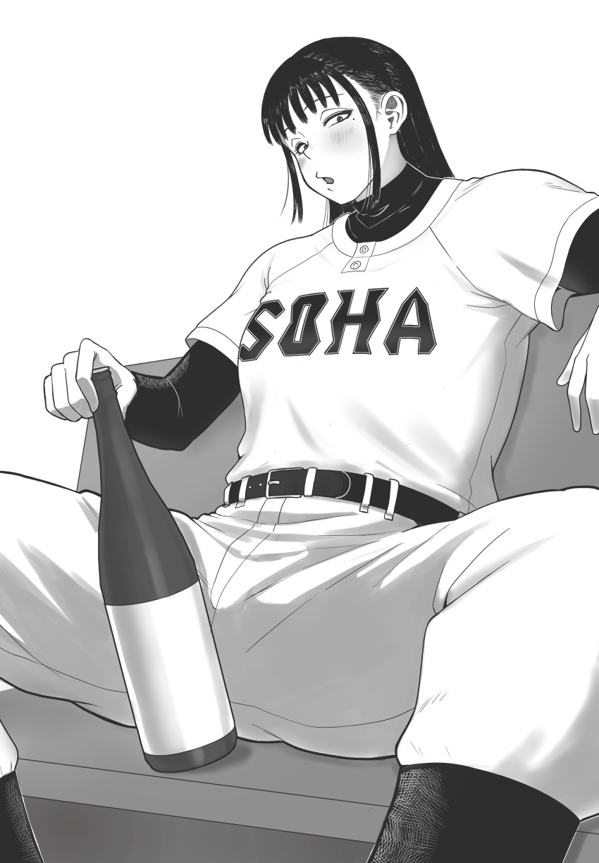 1girl, absurdres, agawa_sensei_(strikeout_pitch), arm_rest, baseball_jersey, baseball_uniform, belt, blush