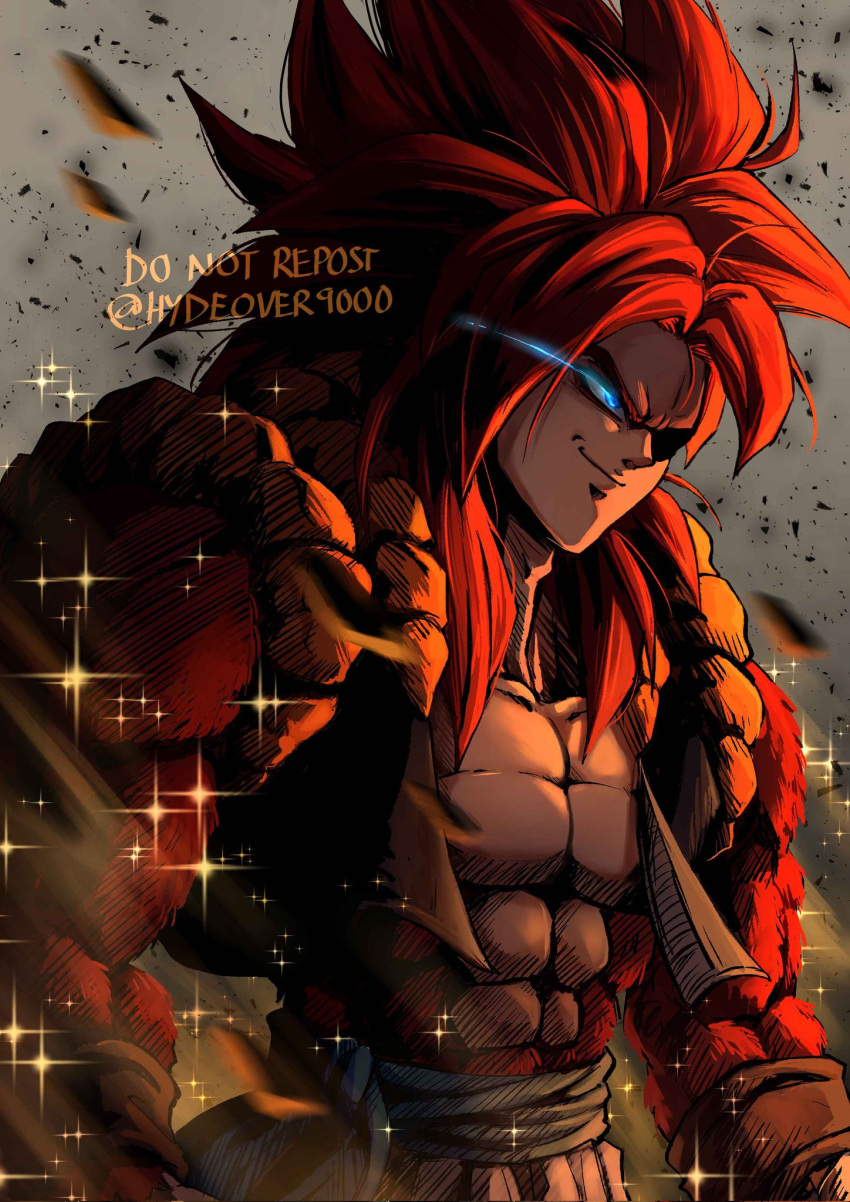 1boy, animal_fur, artist_name, black_vest, blue_eyes, blue_sash, debris, dragon_ball, dragon_ball_gt, english_commentary, english_text, eye_trail, gogeta, grey_background, highres, hydeover9000, light_trail, long_hair, looking_ahead, male_focus, metamoran_vest, muscular, muscular_male, orange_vest, orange_wristband, pants, pectorals, redhead, sash, signature, smile, solo, spiky_hair, twitter_username, two-tone_vest, upper_body, vest, watermark, white_pants
