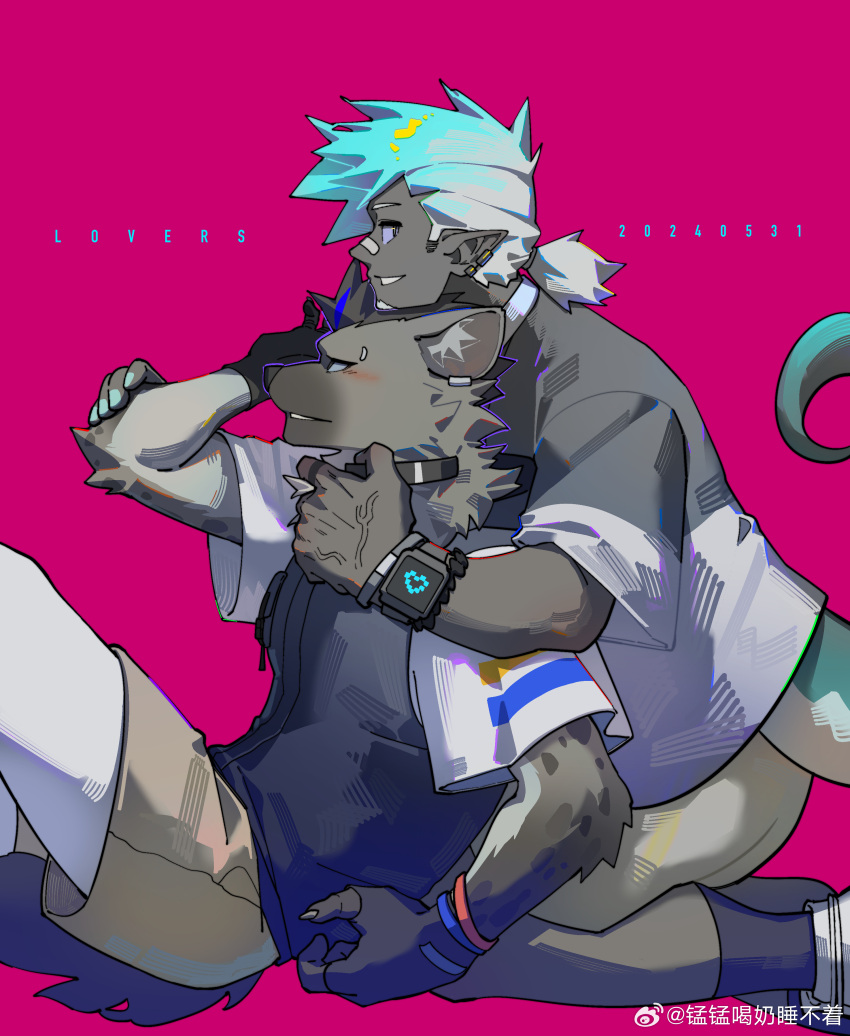 2boys, 8-bit, absurdres, animal_ear_fluff, arknights, bandaid, bandaid_on_face, bandaid_on_nose