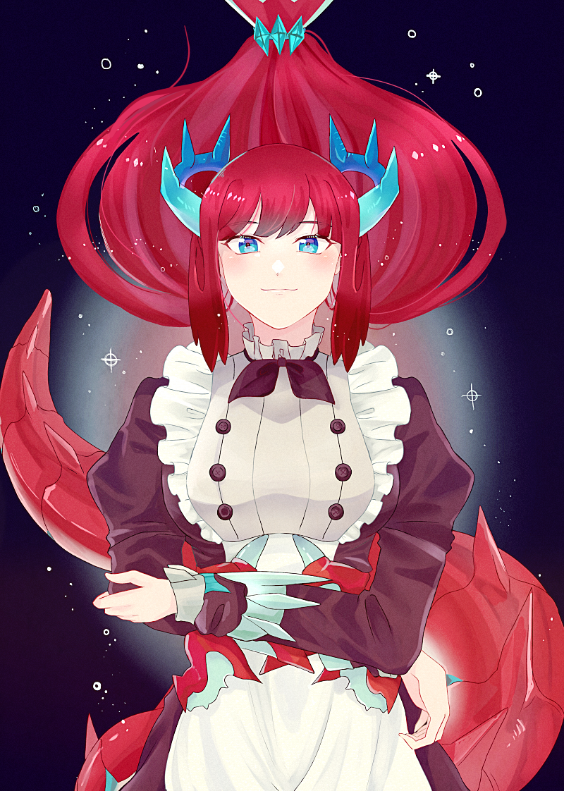 1girl, blue_eyes, blush, breasts, dragon_girl, dragon_horns, dragon_tail, dress