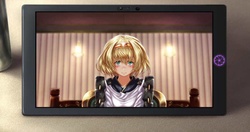 1girl, apron, armor, blonde_hair, brown_headband, chair, chatan_nakiri_(tenka_hyakken), closed_mouth