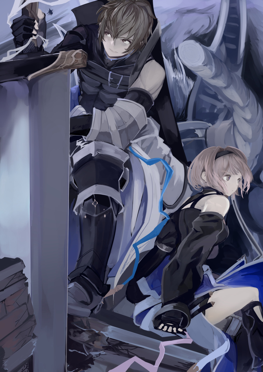 1boy, 1girl, absurdres, armored_boots, belt, blonde_hair, boots, brown_hair