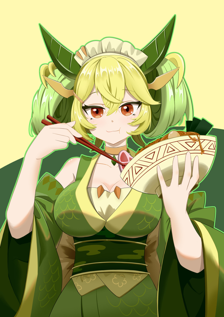 1girl, absurdres, blush, bowl, breasts, chopsticks, collarbone, detached_sleeves