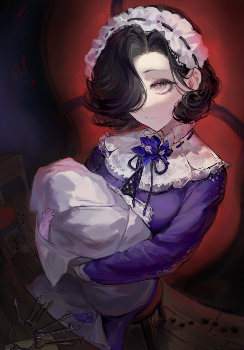 1girl, black_hair, black_ribbon, blanket, bug, closed_mouth, counter, dark