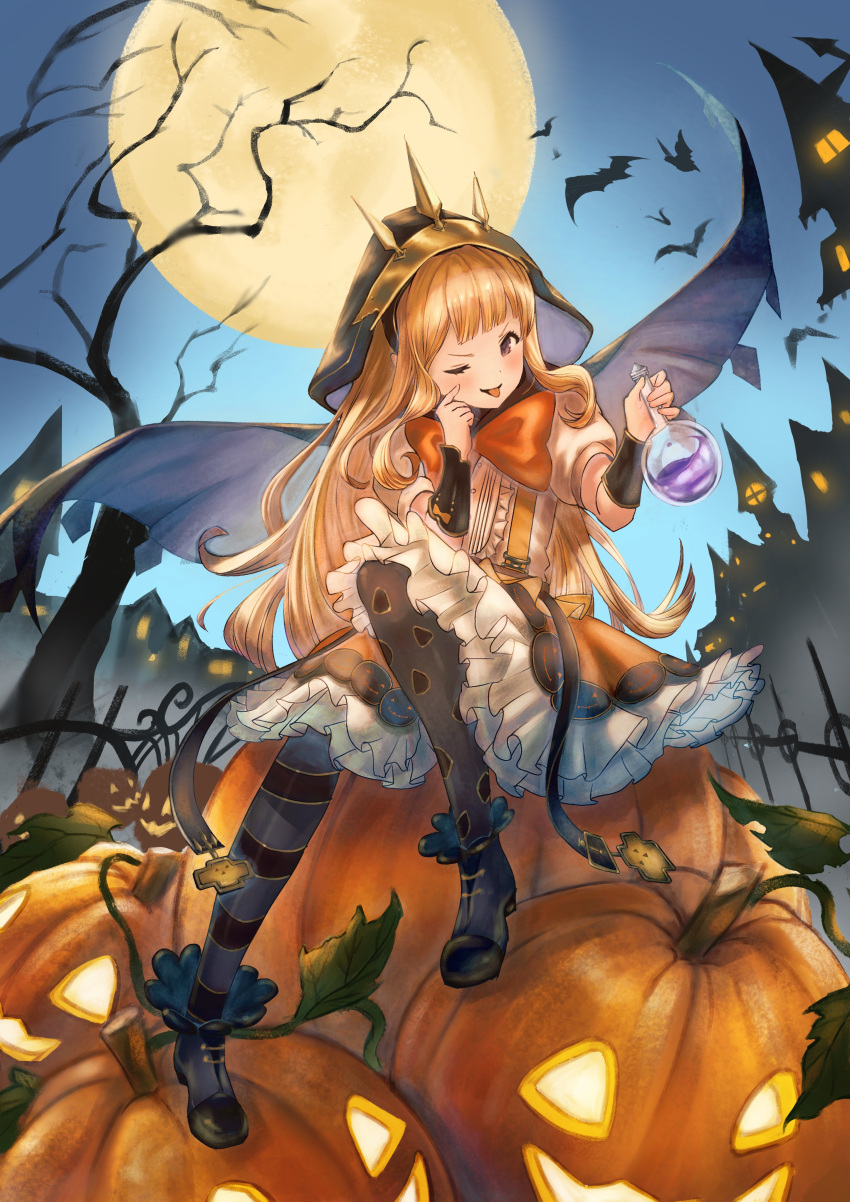 1girl, absurdres, asymmetrical_legwear, bat_(animal), blonde_hair, bow, cagliostro_(granblue_fantasy), cagliostro_(halloween)_(granblue_fantasy)