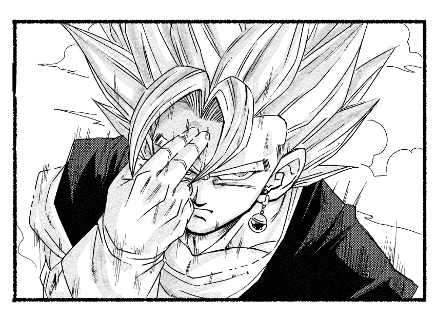 1boy, border, clouds, dougi, dragon_ball, dragon_ball_z, earrings, fenyon