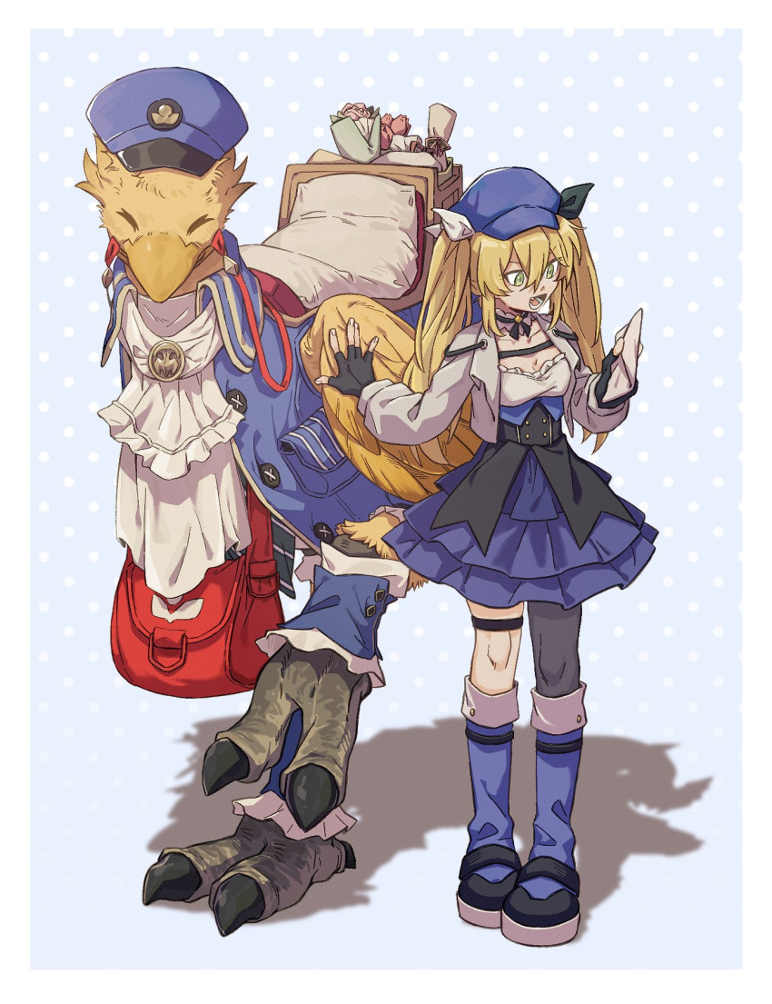 bird, black_gloves, blonde_hair, blue_dress, blue_footwear, blue_hat, boots, chocobo