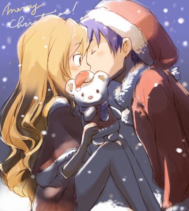 blue, blue_hair, blush, brown_eyes, brown_hair, christmas, couple, hat, kiss, long_hair, pantyhose, santa_costume, santa_hat, shirotaka_(shirotaka), short_hair, stuffed_animal, stuffed_toy, takasu_ryuuji, teddy_bear, toradora!