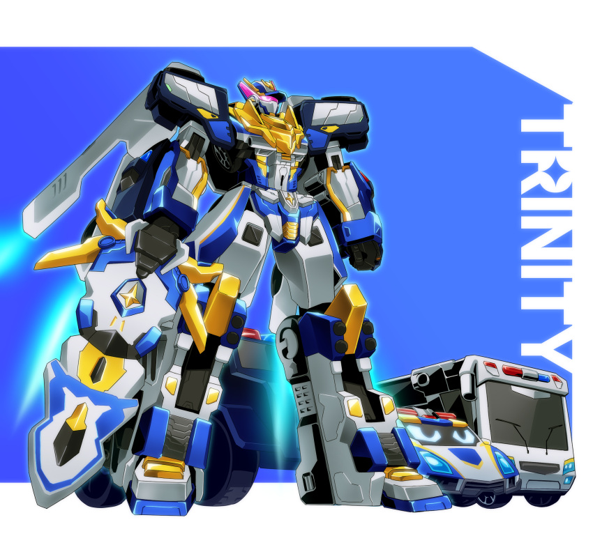 blue_background, blue_cop_trinity, bus, car, character_name, clenched_hand, highres, holding, holding_weapon, komedamugi, mecha, metal_cardbot, motor_vehicle, no_humans, robot, standing, weapon