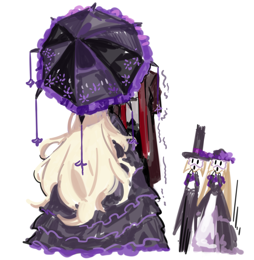 2boys, 2girls, black_dress, black_hat, black_umbrella, bloodfiend_of_the_happy_parade_(project_moon), bloodfiend_of_the_joyful_parade_(project_moon), cassetti_(project_moon)